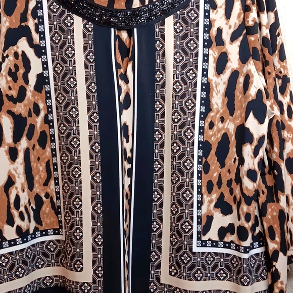 ALFANI Animal Print Peep Hole Jeweled Tunic Top 3/4 Bell Sleeves Large - Picture 6 of 8